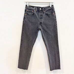 Levi’s Denim 501 High Rise Button Fly Raw Hem Cropped Jeans Faded Black Gray 26